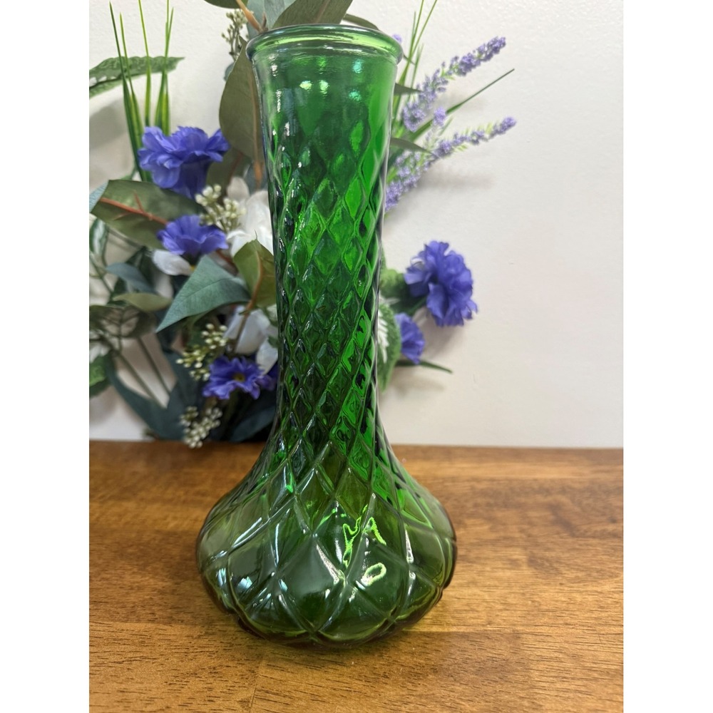Vintage Hoosier Glass Emerald Green Diamond Quilt Pattern Vase USA Collectible‎